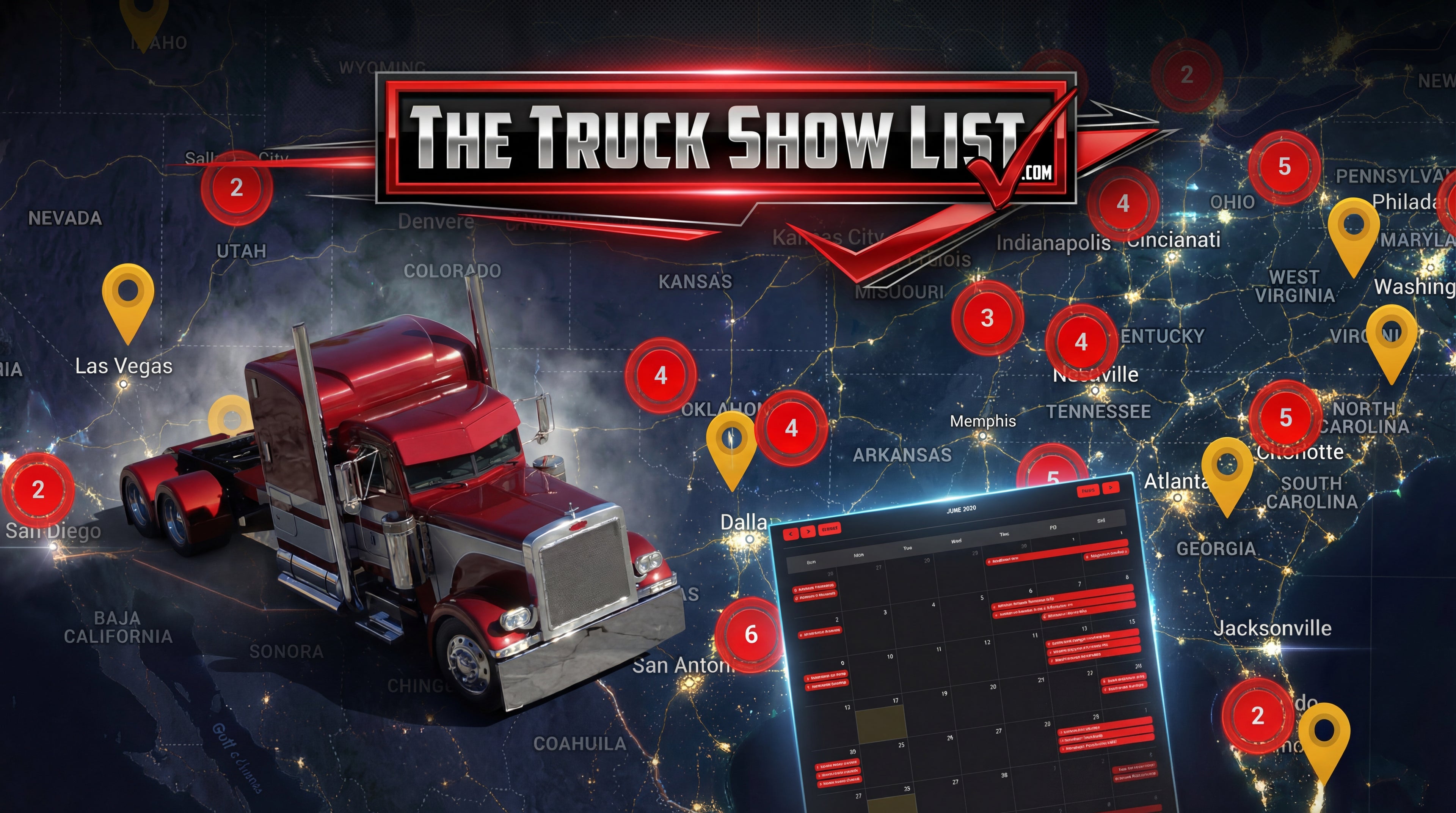 Red truck on a map with locations marked by red circles and pointers, featuring 'The Truck Show List' branding.