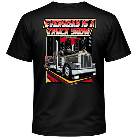 Black t-shirt with a graphic of a truck and 'Everyday is a Truck Show' text on a white background