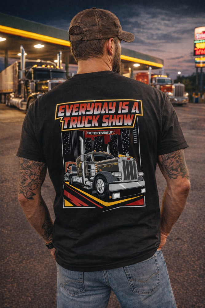 Man wearing a black t-shirt with a Every Day Is a Truck Show tshirt in a truck stop setting