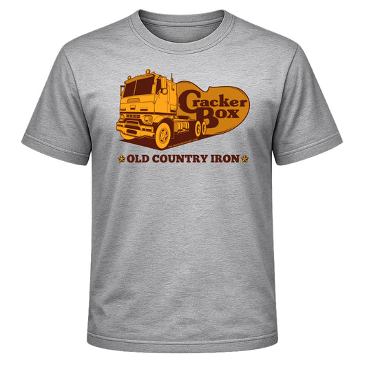 Gray t-shirt with a graphic of a truck and text 'Cracker Box Old Country Iron' on a white background