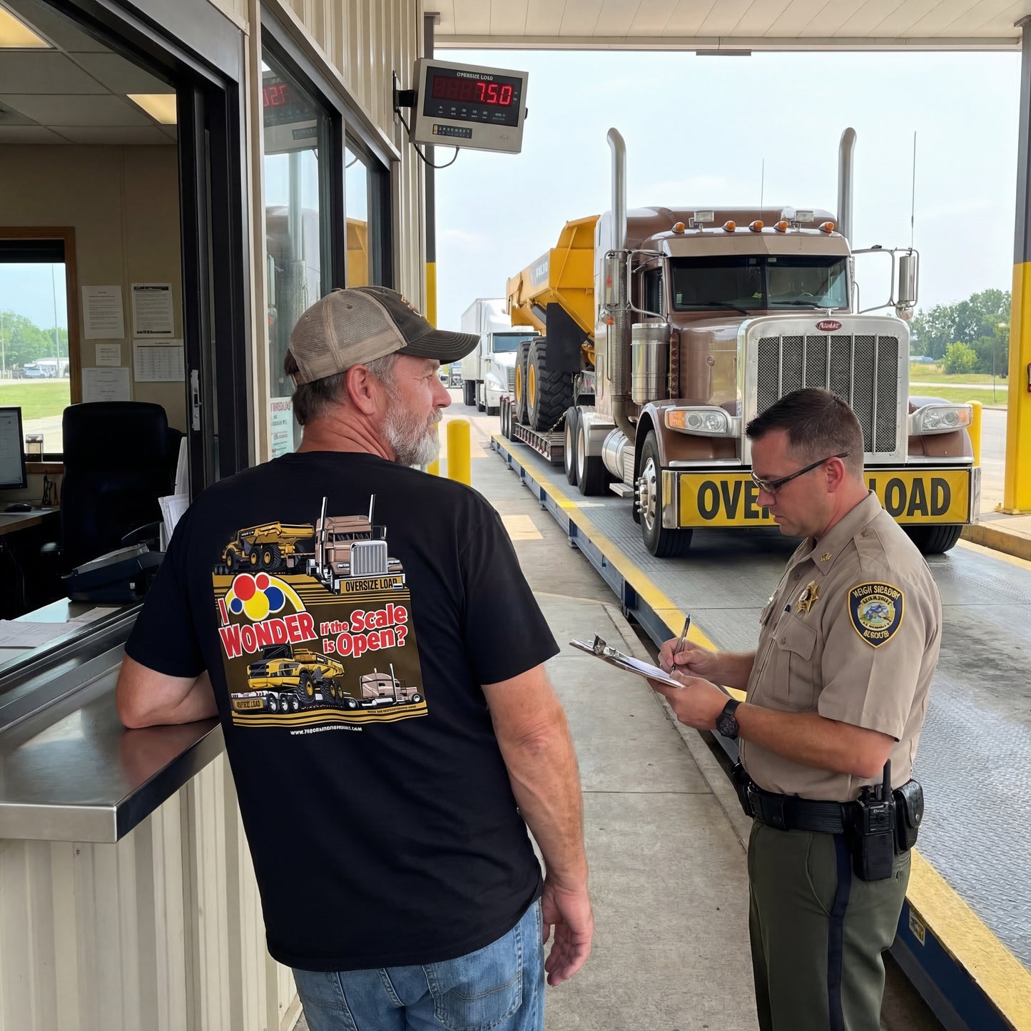 Truck on a scale with a man in a 'Wonder Scale Open' shirt and a law enforcement officer at a toll booth.