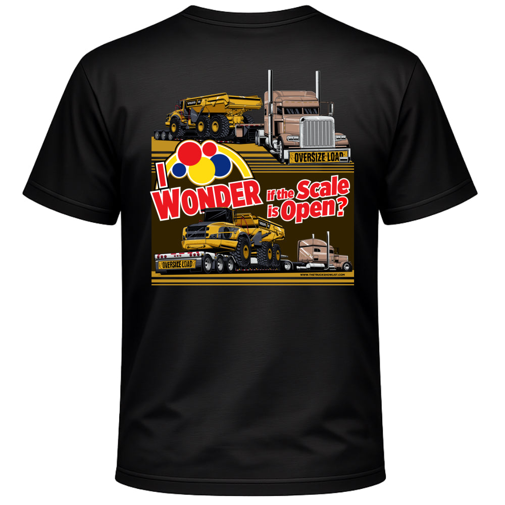 Black t-shirt with a graphic design of I Wonder if the Scale is Open on a white background