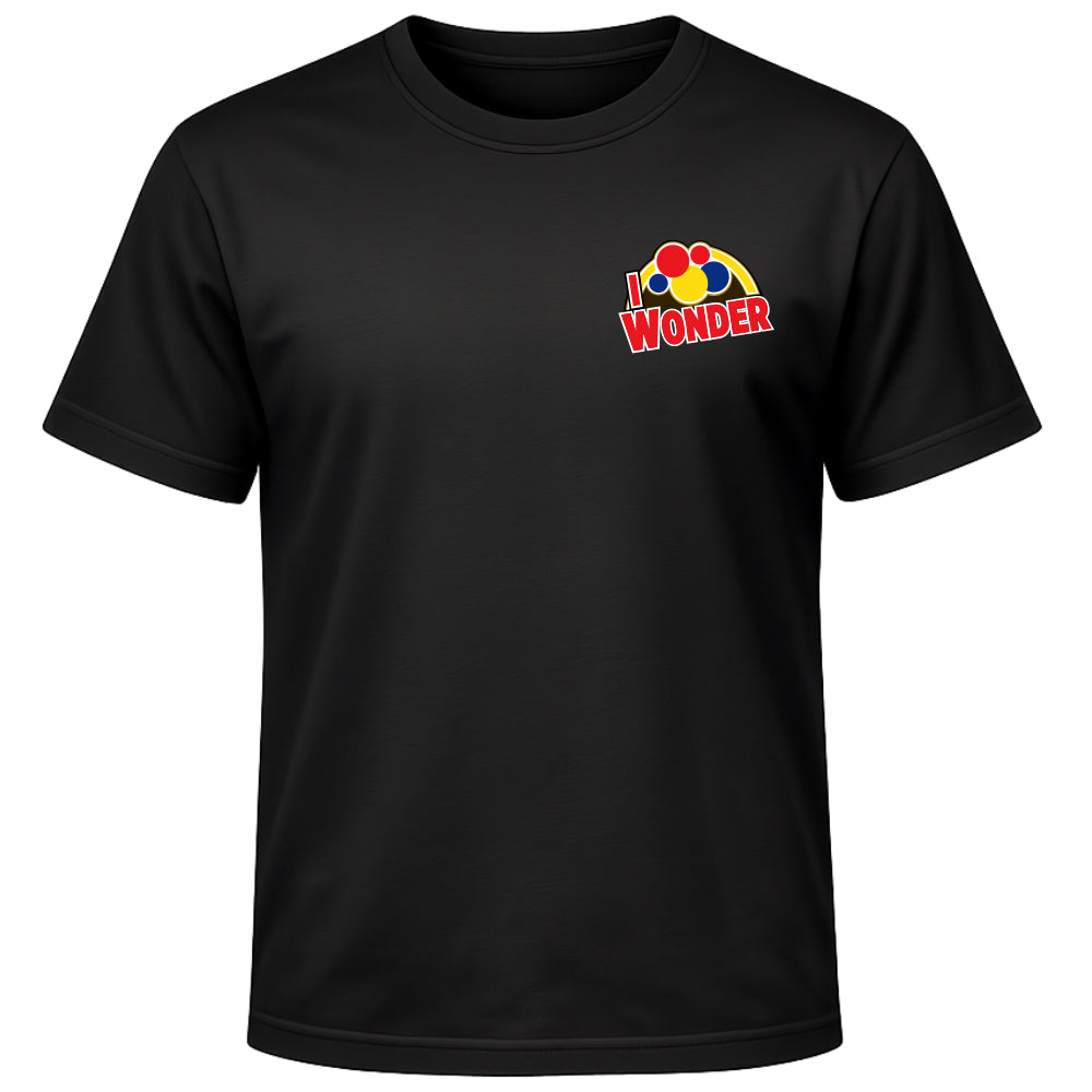 Black t-shirt with a I Wonder logo on the chest against a white background