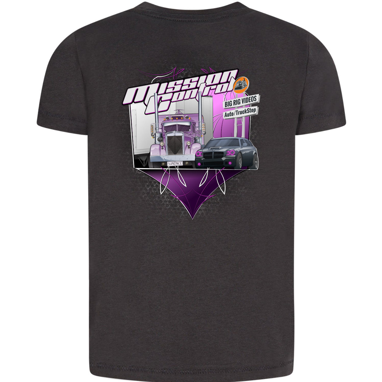 Black t-shirt with a graphic design of a Peterbilt and Dodge Magnum SRT8 called Mission Control on a white background