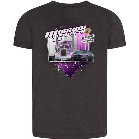 Black t-shirt with a graphic design of a Peterbilt and Dodge Magnum SRT8 called Mission Control on a white background