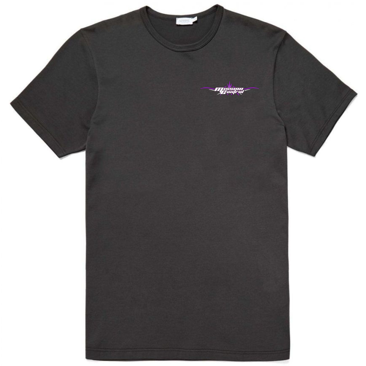Black t-shirt with a Mission Control logo on the chest against a white background