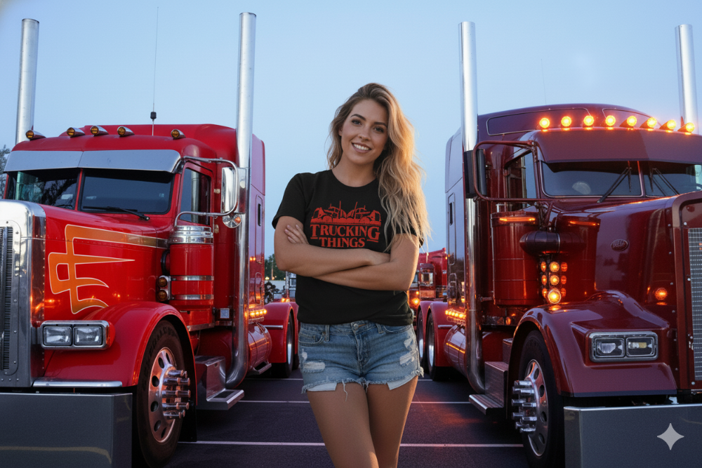 Woman standing between two red trucks with a Trucking Things tshirt.