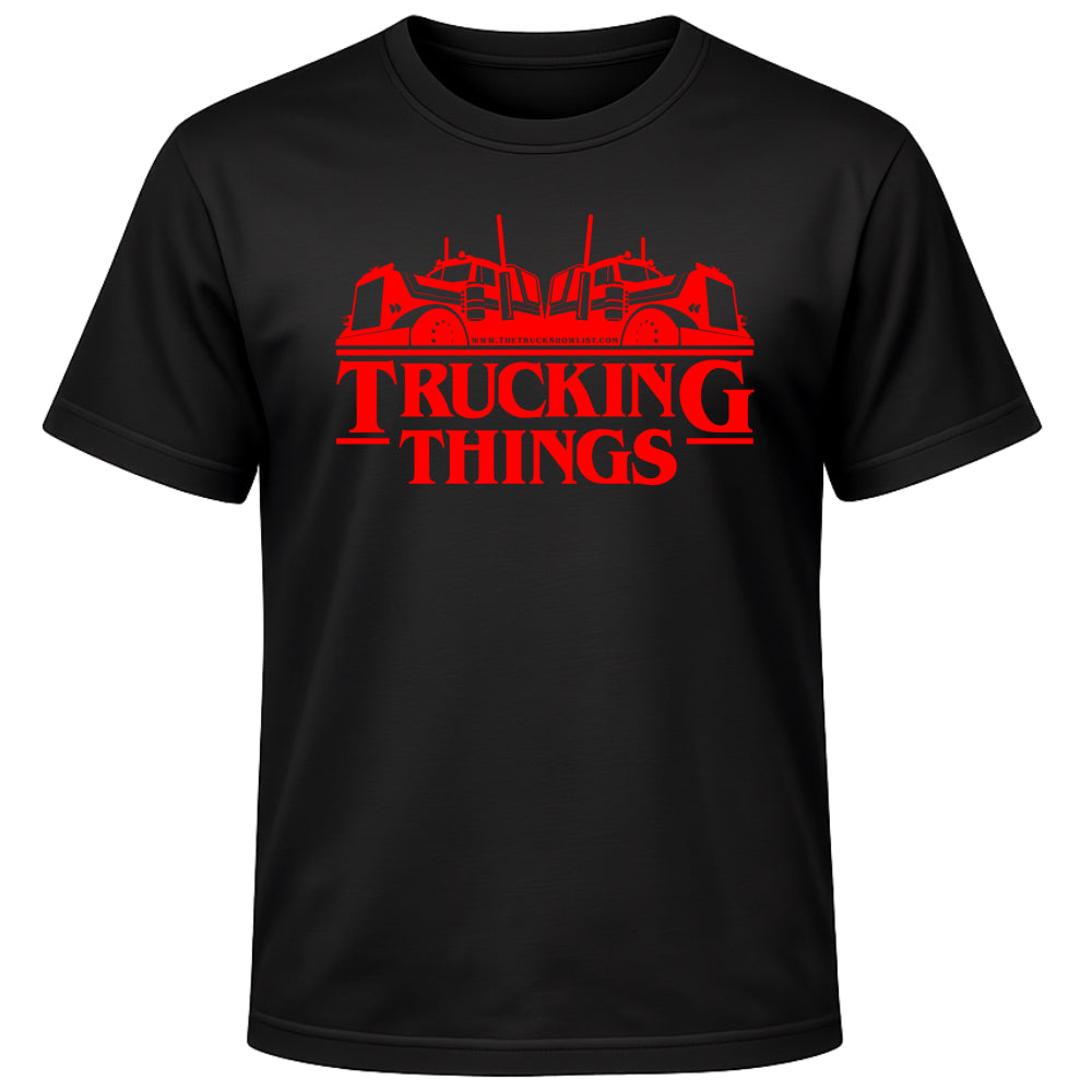 Black t-shirt with red 'Trucking Things' graphic design on a white background
