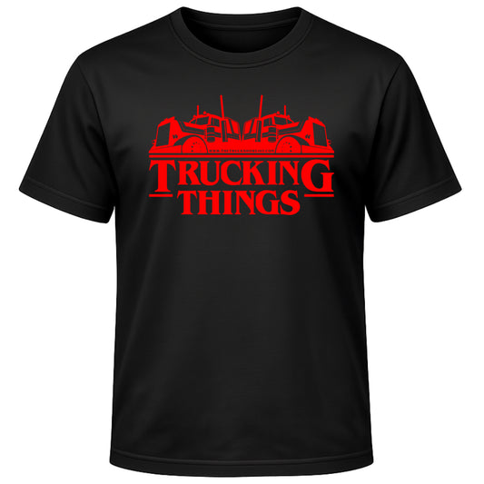 Black t-shirt with red 'Trucking Things' graphic design on a white background